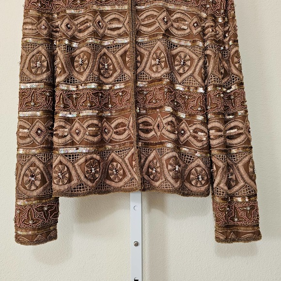 SCALA Vintage 100% Silk Beaded, Embroidered and Sequin Golden Brown Jacket Sz S - Picture 7 of 14
